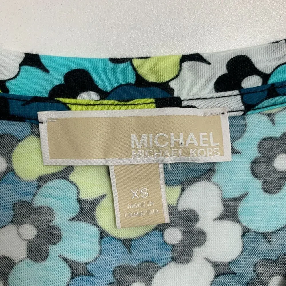 Michael Kors Blouse Womens XS Multi Floral Round Neck Smocked Hem Short Sleeve